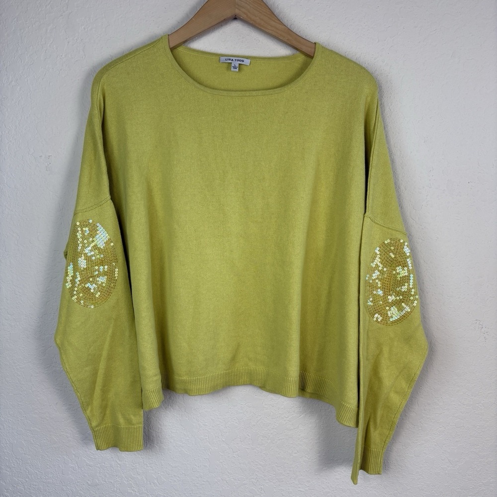 Lisa Todd Size L Sweater green Cotton Cashmere Blend Sequin Elbow Patch Artsy
